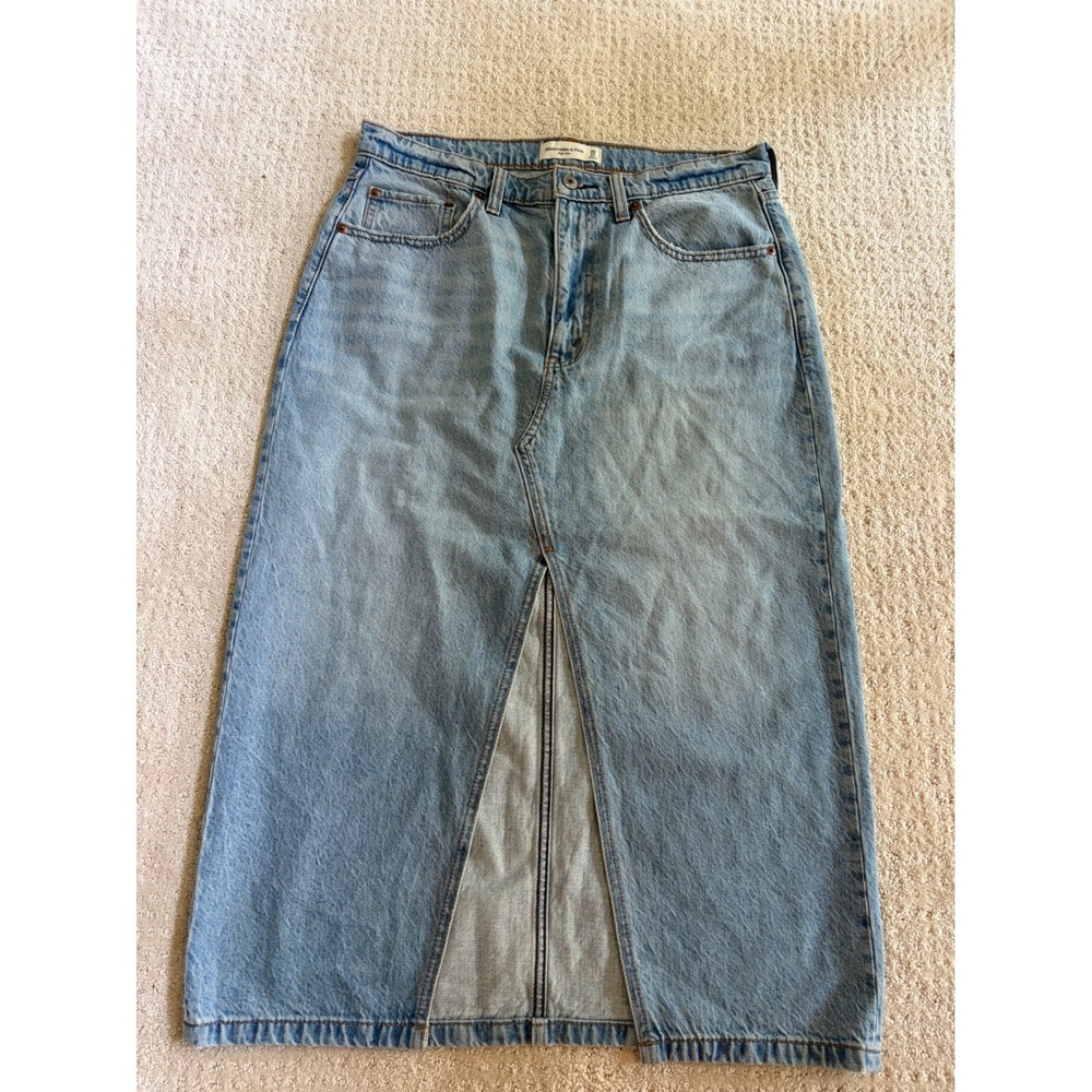 Abercrombie & Fitch High Rise Denim Midi Skirt Light Wash Blue Front Slit 10